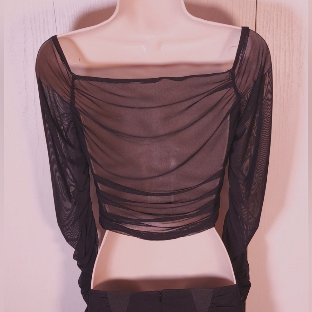 Cider Black Mesh Top Size Large Sheer Back Long Sheer Sleeves W Ruching Party - Picture 9 of 10